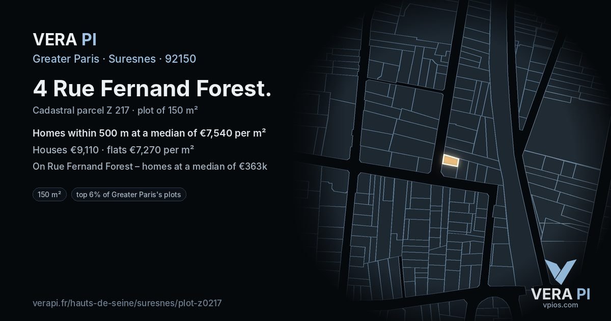 4 Rue Fernand Forest, Suresnes at night – the plot lit, the parcels around coloured by the prices near them