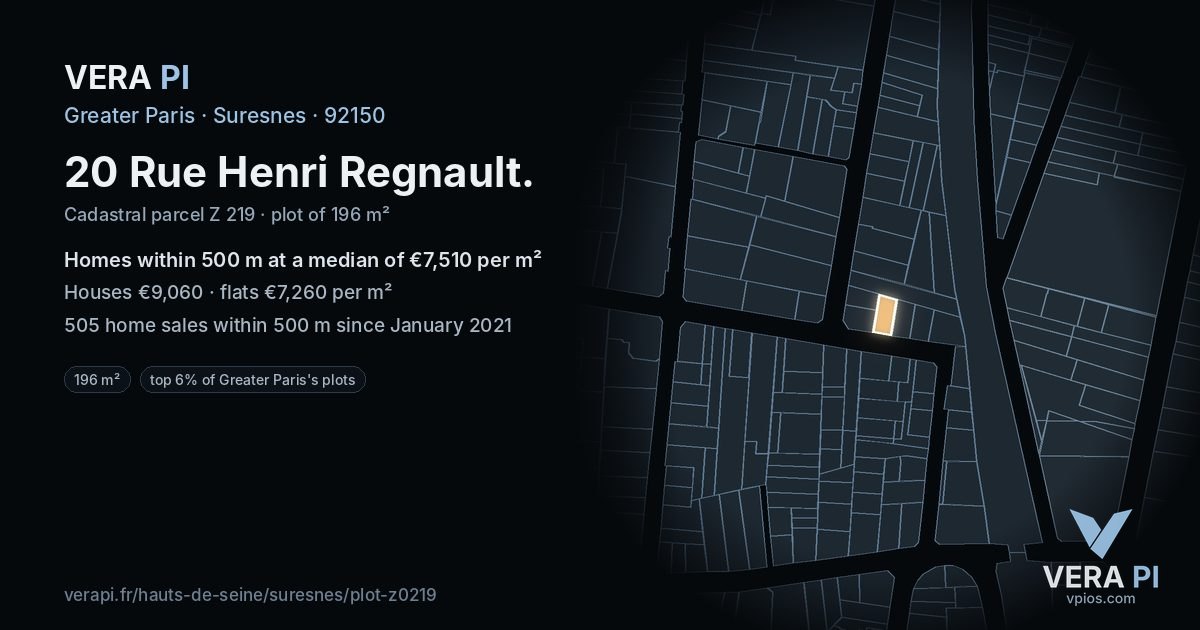 20 Rue Henri Regnault, Suresnes at night – the plot lit, the parcels around coloured by the prices near them
