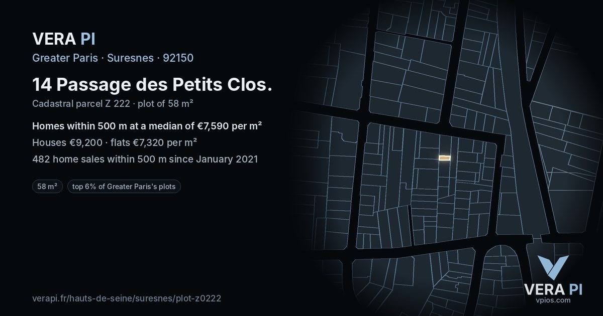14 Passage des Petits Clos, Suresnes at night – the plot lit, the parcels around coloured by the prices near them