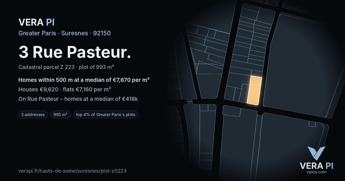 3 Rue Pasteur, Suresnes at night – the plot lit, the parcels around coloured by the prices near them
