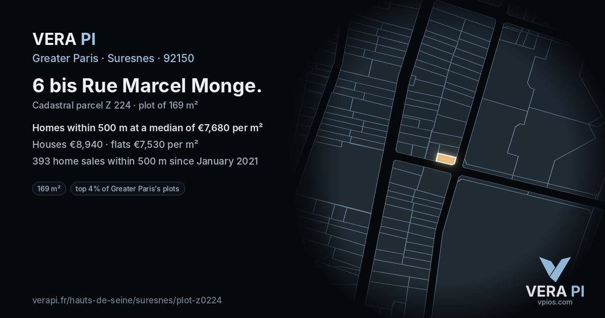 6 bis Rue Marcel Monge, Suresnes at night – the plot lit, the parcels around coloured by the prices near them