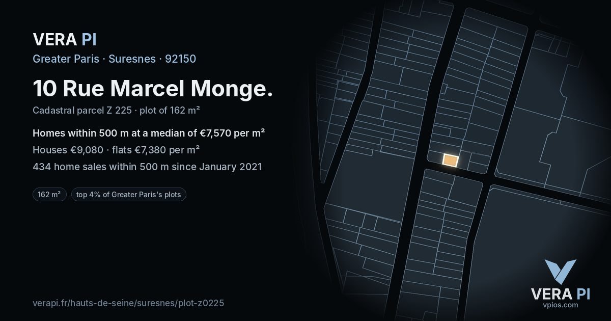 10 Rue Marcel Monge, Suresnes at night – the plot lit, the parcels around coloured by the prices near them