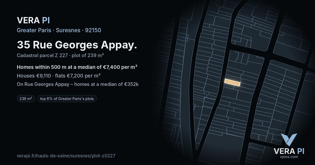 35 Rue Georges Appay, Suresnes at night – the plot lit, the parcels around coloured by the prices near them