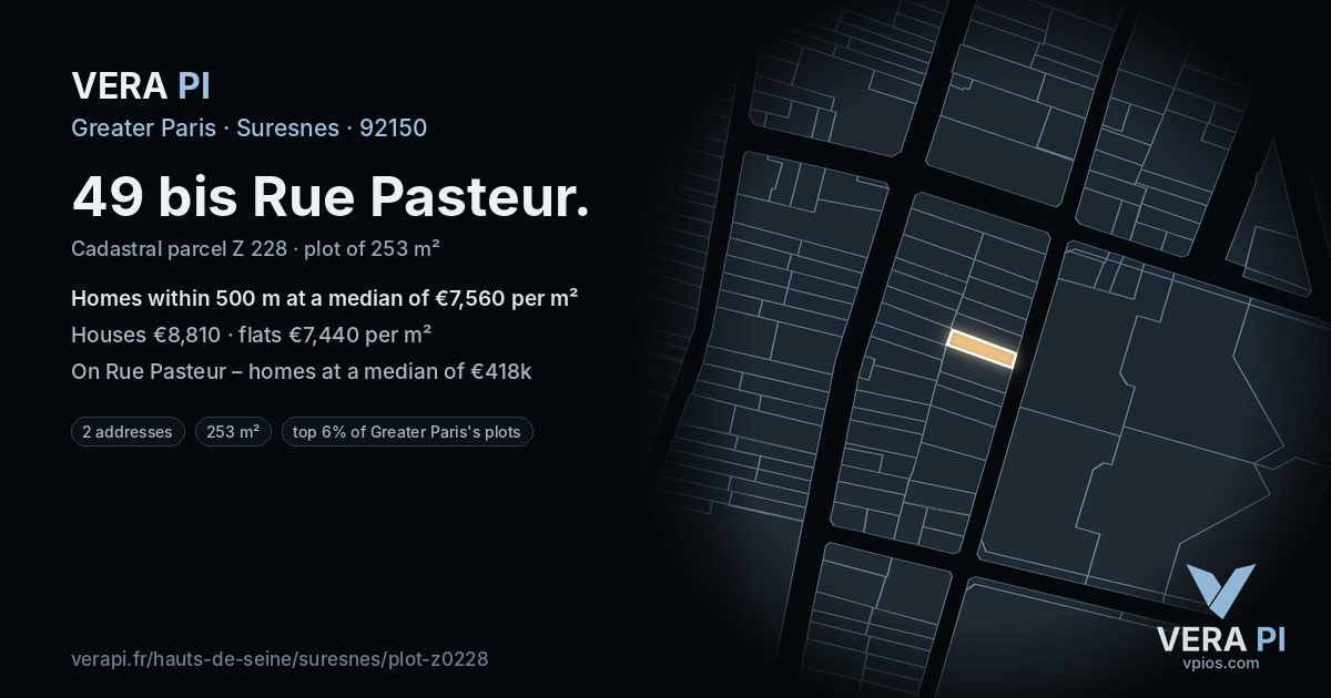 49 bis Rue Pasteur, Suresnes at night – the plot lit, the parcels around coloured by the prices near them