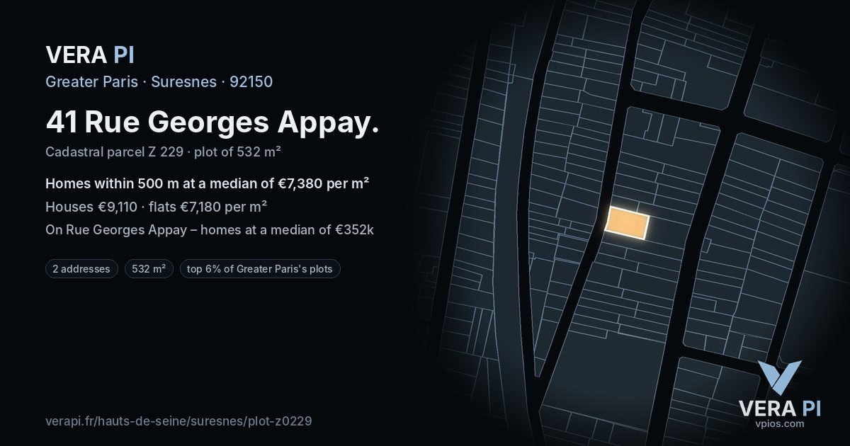41 Rue Georges Appay, Suresnes at night – the plot lit, the parcels around coloured by the prices near them
