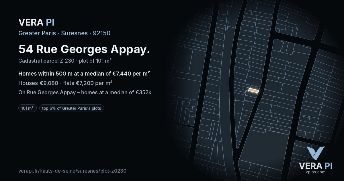 54 Rue Georges Appay, Suresnes at night – the plot lit, the parcels around coloured by the prices near them