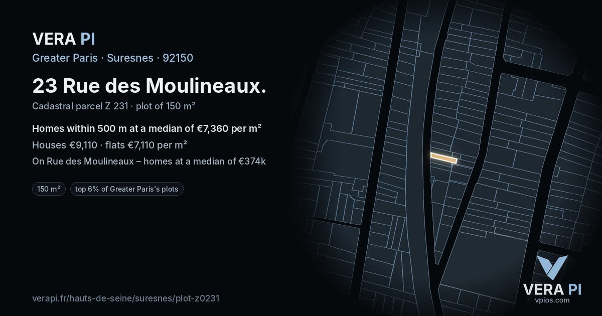23 Rue des Moulineaux, Suresnes at night – the plot lit, the parcels around coloured by the prices near them