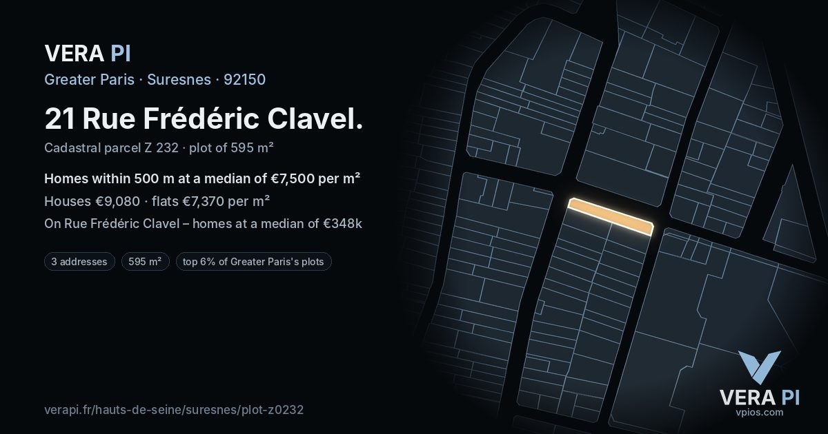 21 Rue Frédéric Clavel, Suresnes at night – the plot lit, the parcels around coloured by the prices near them