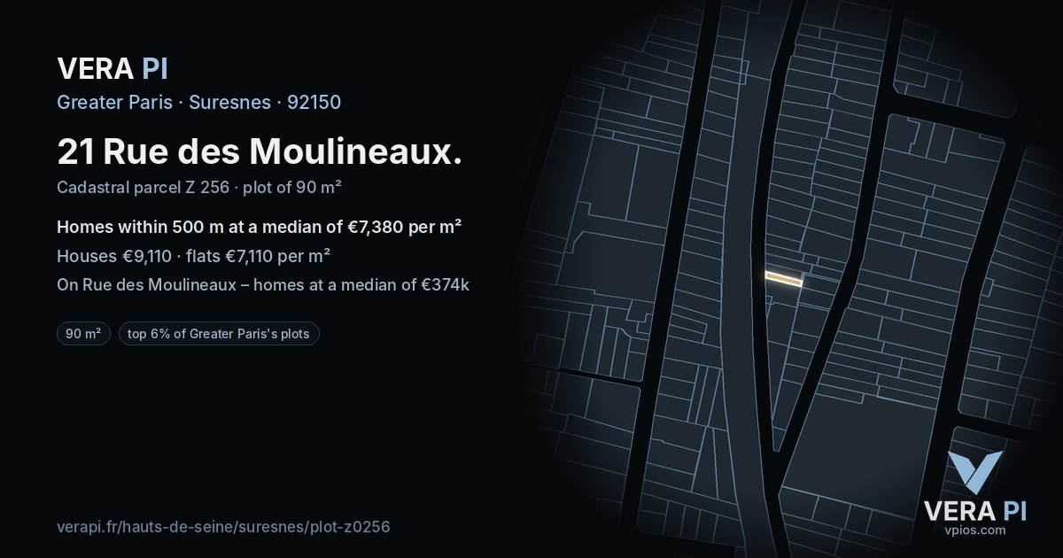21 Rue des Moulineaux, Suresnes at night – the plot lit, the parcels around coloured by the prices near them