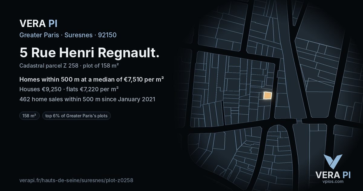 5 Rue Henri Regnault, Suresnes at night – the plot lit, the parcels around coloured by the prices near them