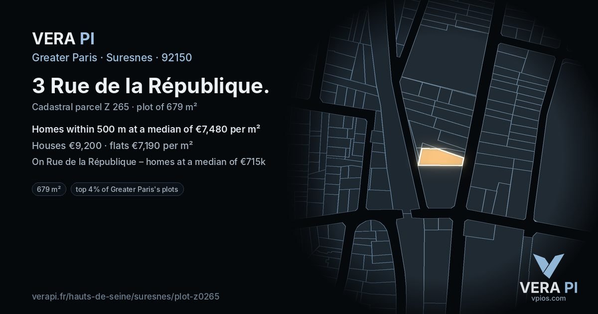 3 Rue de la République, Suresnes at night – the plot lit, the parcels around coloured by the prices near them