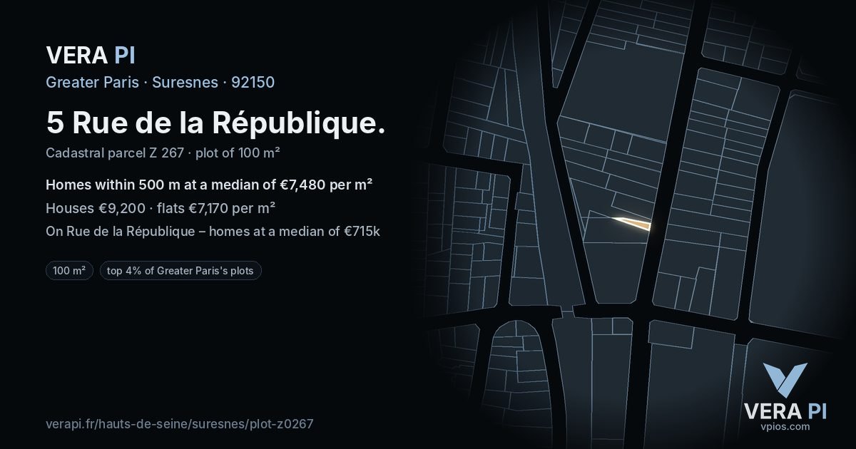 5 Rue de la République, Suresnes at night – the plot lit, the parcels around coloured by the prices near them
