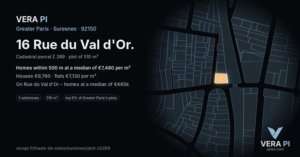16 Rue du Val d'Or, Suresnes at night – the plot lit, the parcels around coloured by the prices near them
