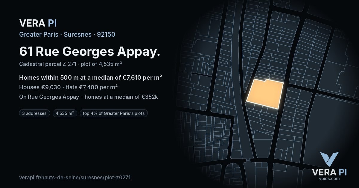 61 Rue Georges Appay, Suresnes at night – the plot lit, the parcels around coloured by the prices near them