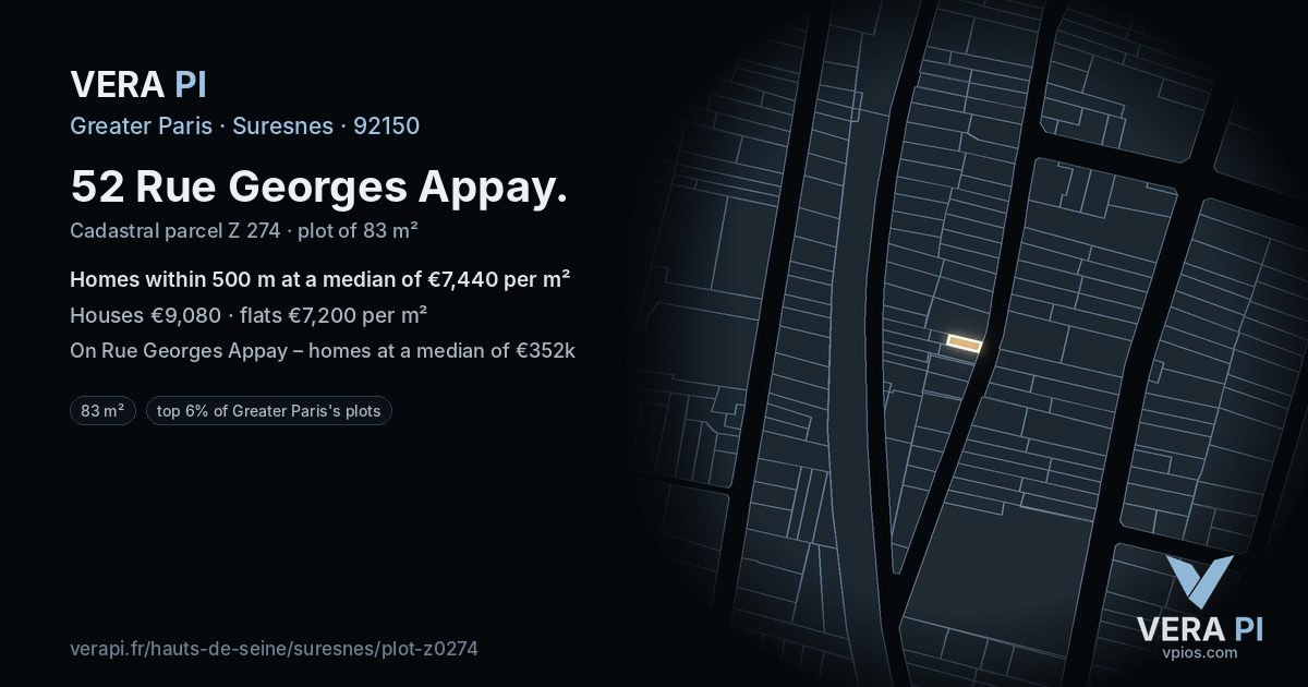 52 Rue Georges Appay, Suresnes at night – the plot lit, the parcels around coloured by the prices near them