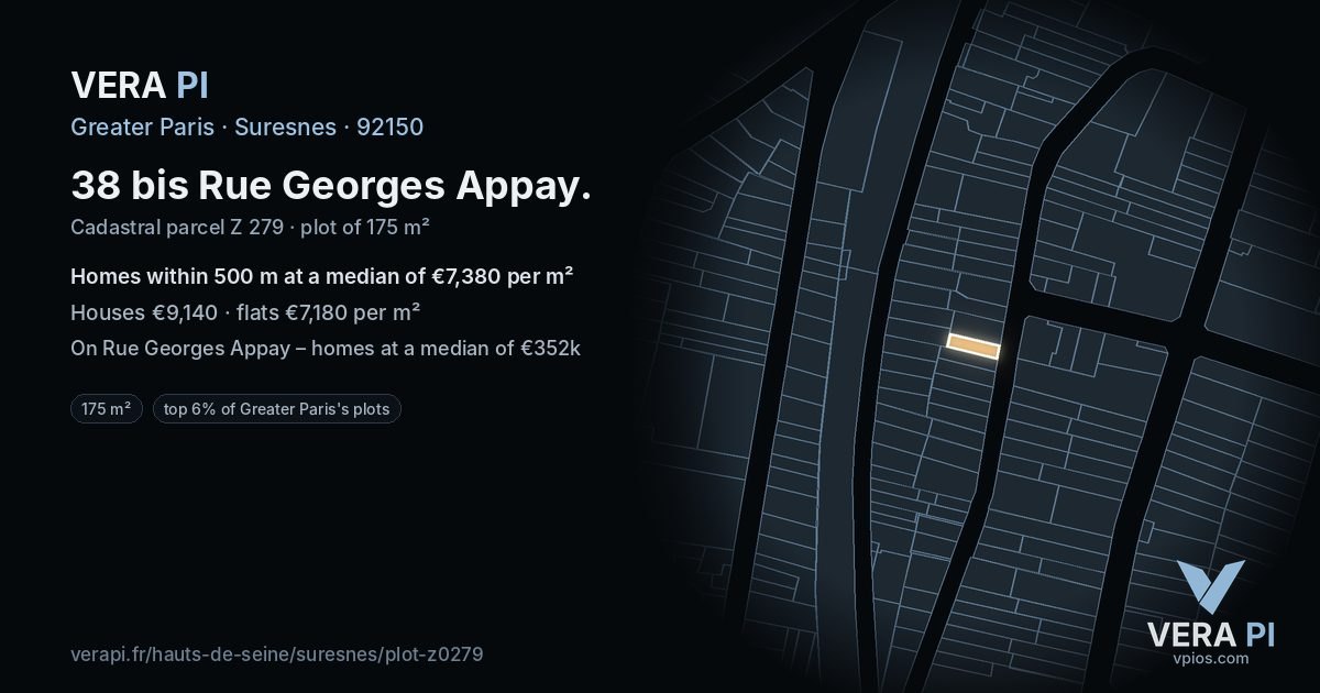 38 bis Rue Georges Appay, Suresnes at night – the plot lit, the parcels around coloured by the prices near them