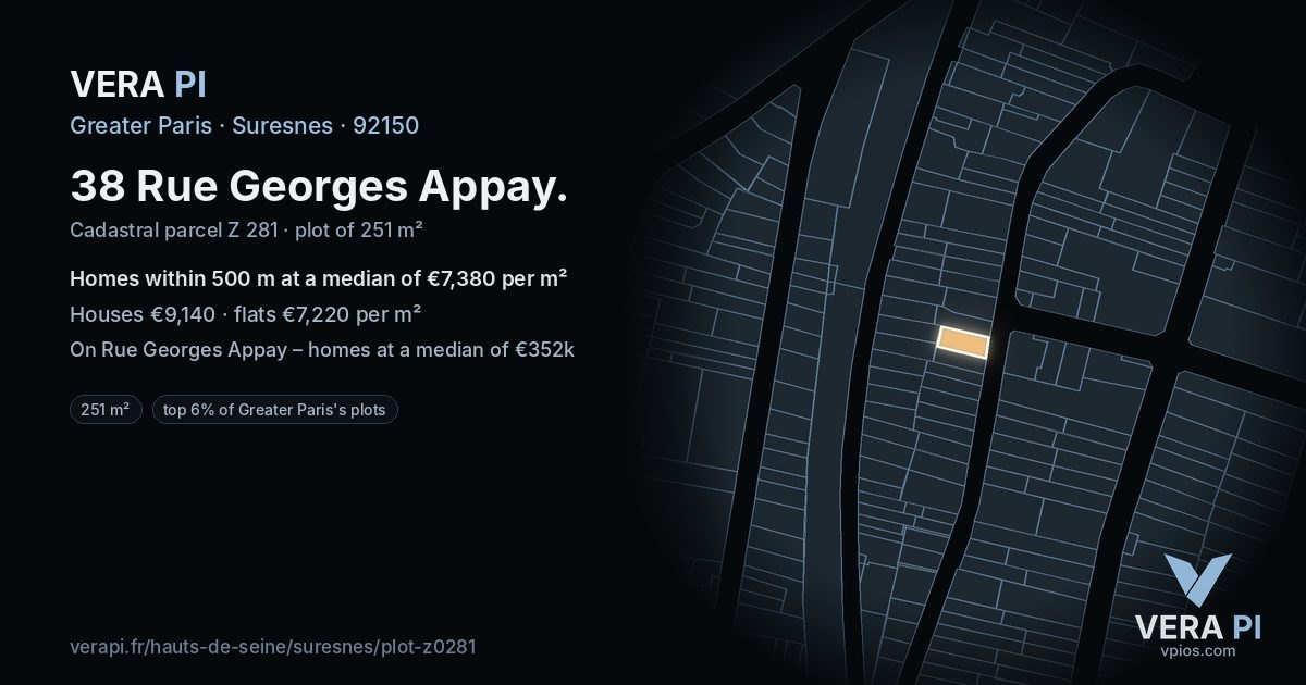 38 Rue Georges Appay, Suresnes at night – the plot lit, the parcels around coloured by the prices near them