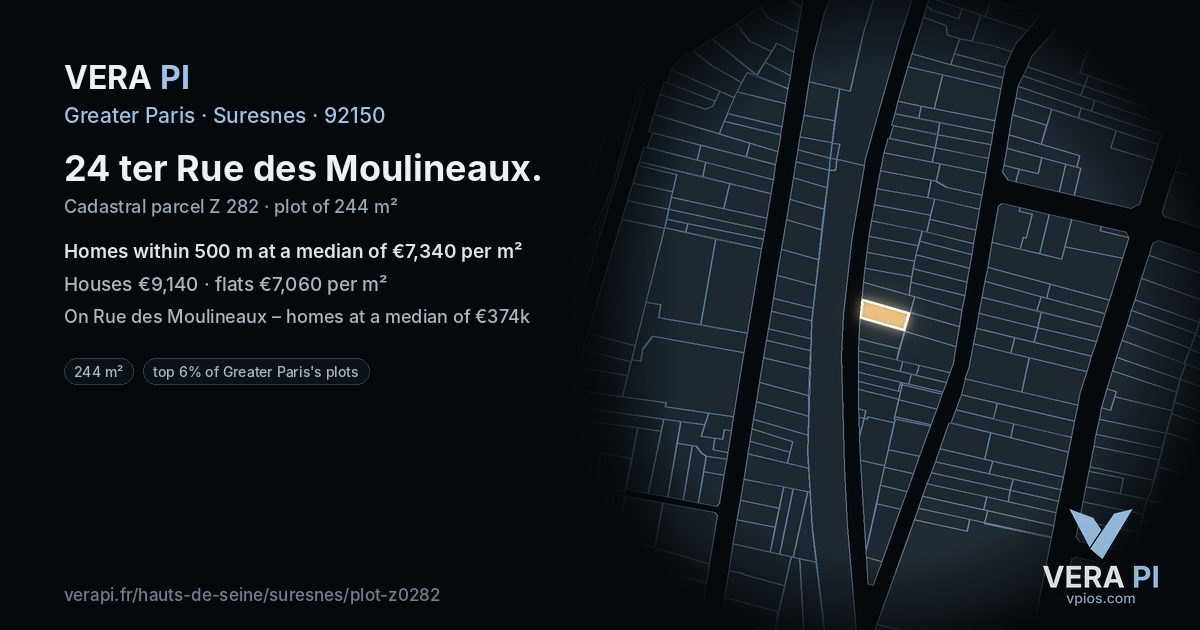 24 ter Rue des Moulineaux, Suresnes at night – the plot lit, the parcels around coloured by the prices near them