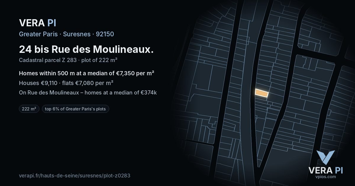24 bis Rue des Moulineaux, Suresnes at night – the plot lit, the parcels around coloured by the prices near them