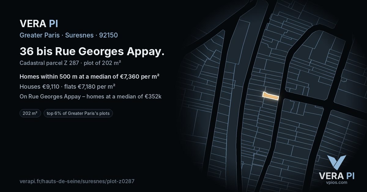 36 bis Rue Georges Appay, Suresnes at night – the plot lit, the parcels around coloured by the prices near them