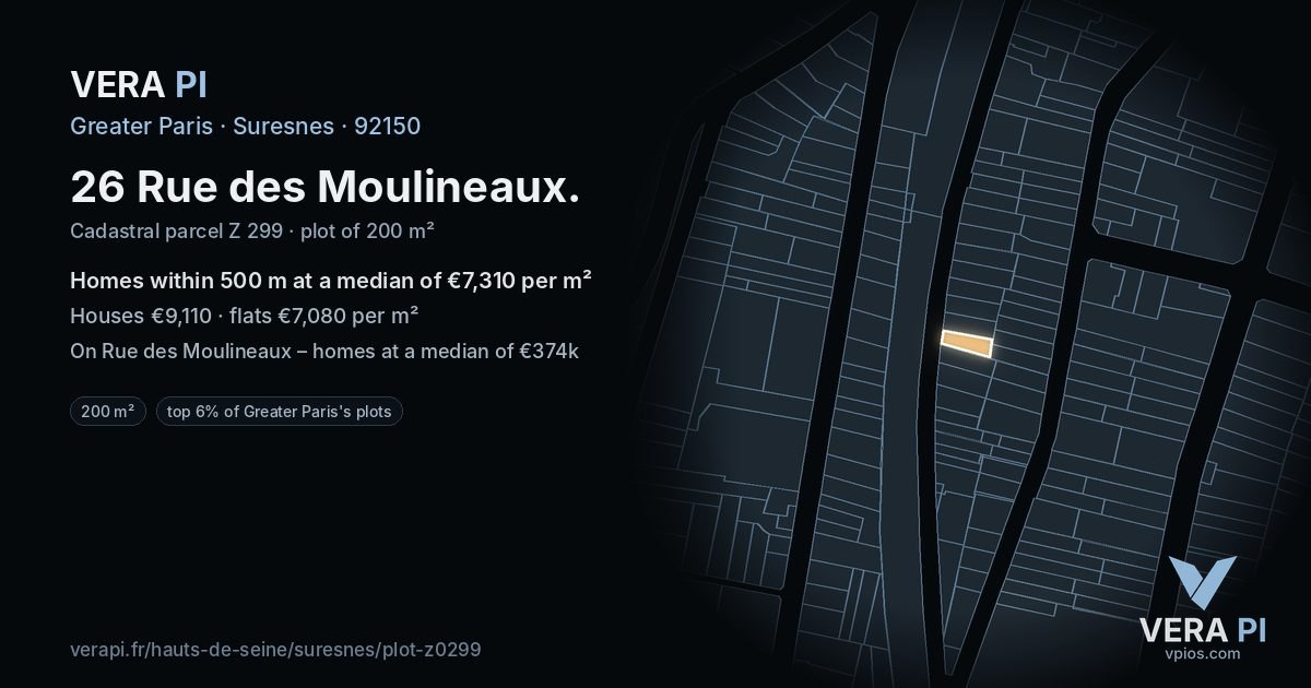26 Rue des Moulineaux, Suresnes at night – the plot lit, the parcels around coloured by the prices near them
