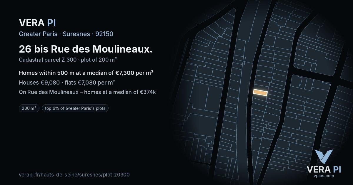 26 bis Rue des Moulineaux, Suresnes at night – the plot lit, the parcels around coloured by the prices near them
