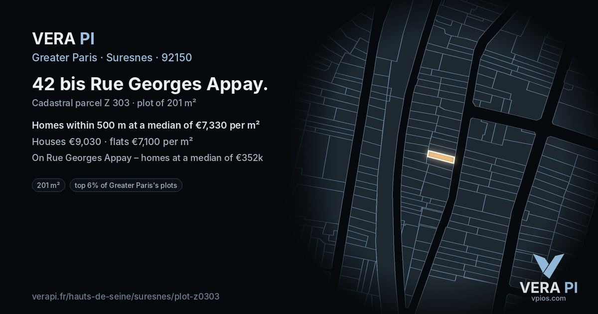 42 bis Rue Georges Appay, Suresnes at night – the plot lit, the parcels around coloured by the prices near them