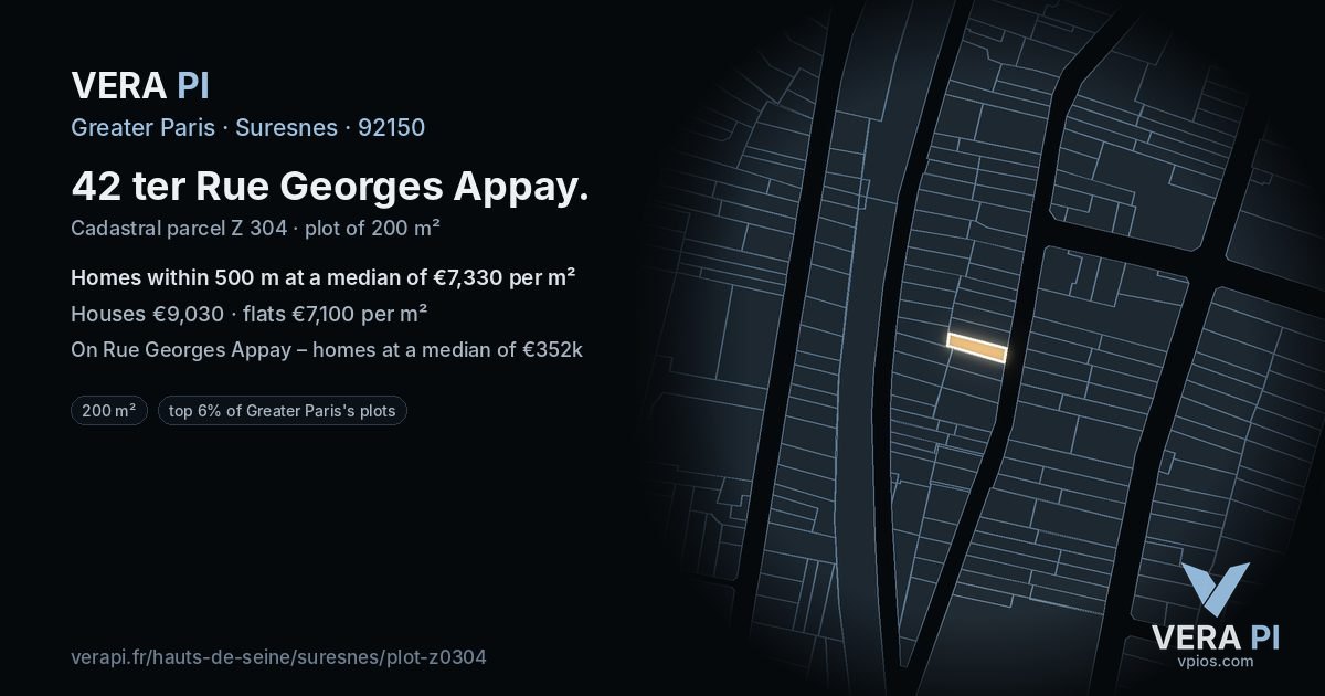 42 ter Rue Georges Appay, Suresnes at night – the plot lit, the parcels around coloured by the prices near them