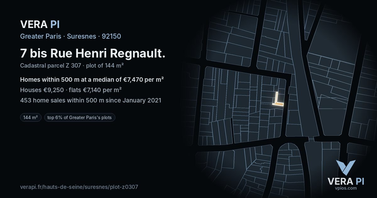 7 bis Rue Henri Regnault, Suresnes at night – the plot lit, the parcels around coloured by the prices near them