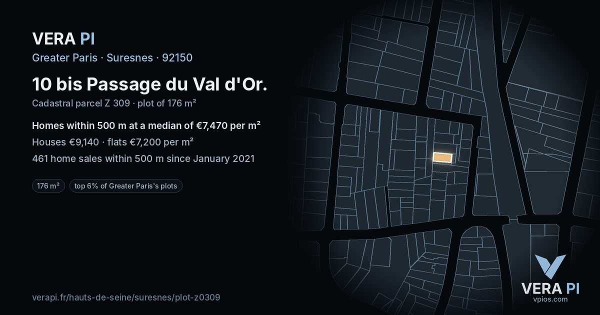 10 bis Passage du Val d'Or, Suresnes at night – the plot lit, the parcels around coloured by the prices near them