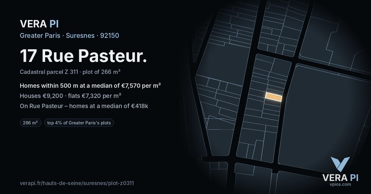 17 Rue Pasteur, Suresnes at night – the plot lit, the parcels around coloured by the prices near them