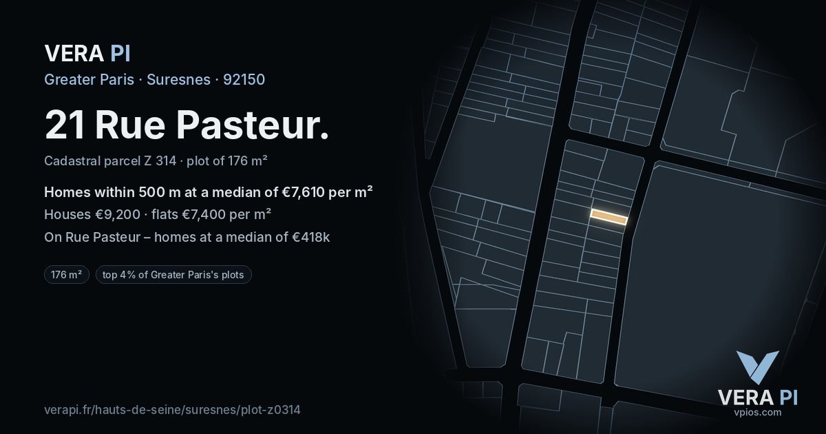21 Rue Pasteur, Suresnes at night – the plot lit, the parcels around coloured by the prices near them