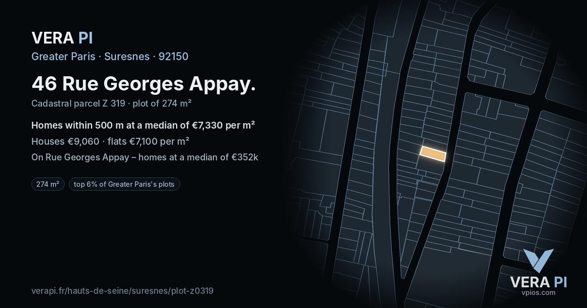 46 Rue Georges Appay, Suresnes at night – the plot lit, the parcels around coloured by the prices near them