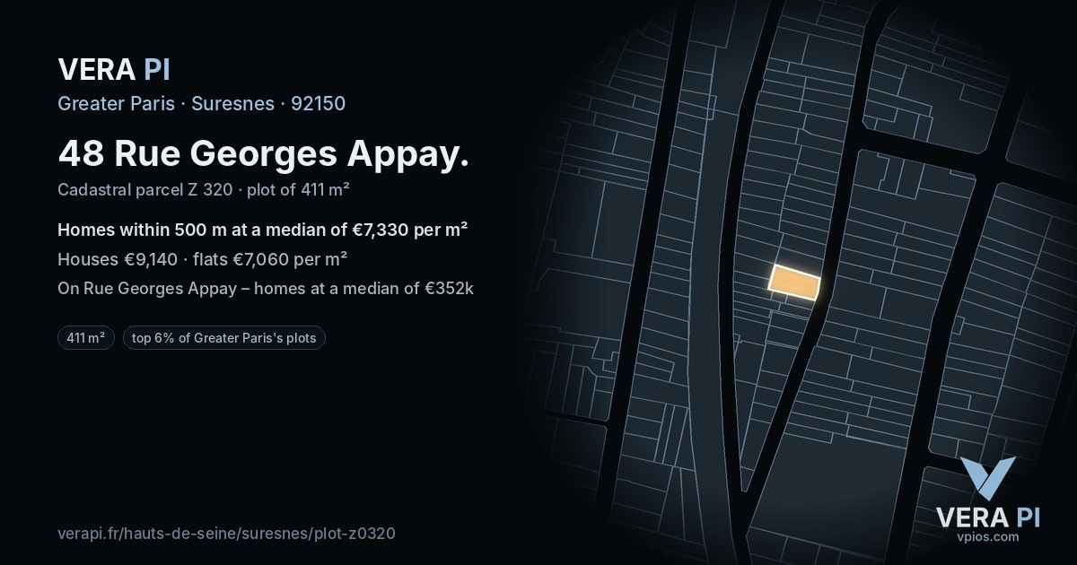 48 Rue Georges Appay, Suresnes at night – the plot lit, the parcels around coloured by the prices near them