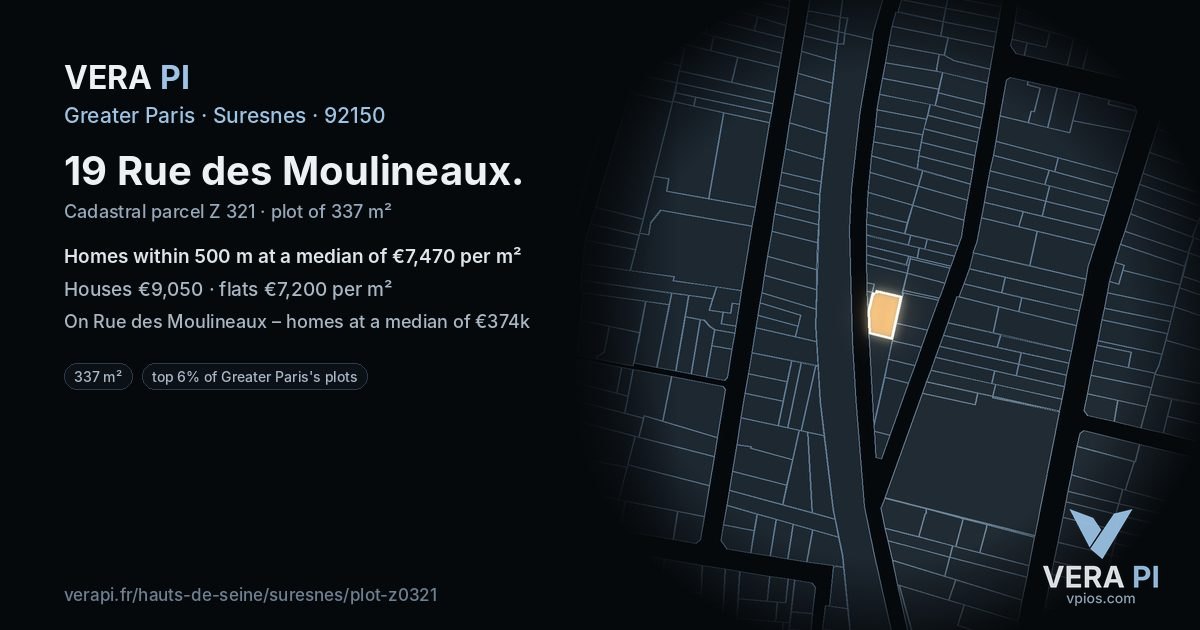 19 Rue des Moulineaux, Suresnes at night – the plot lit, the parcels around coloured by the prices near them