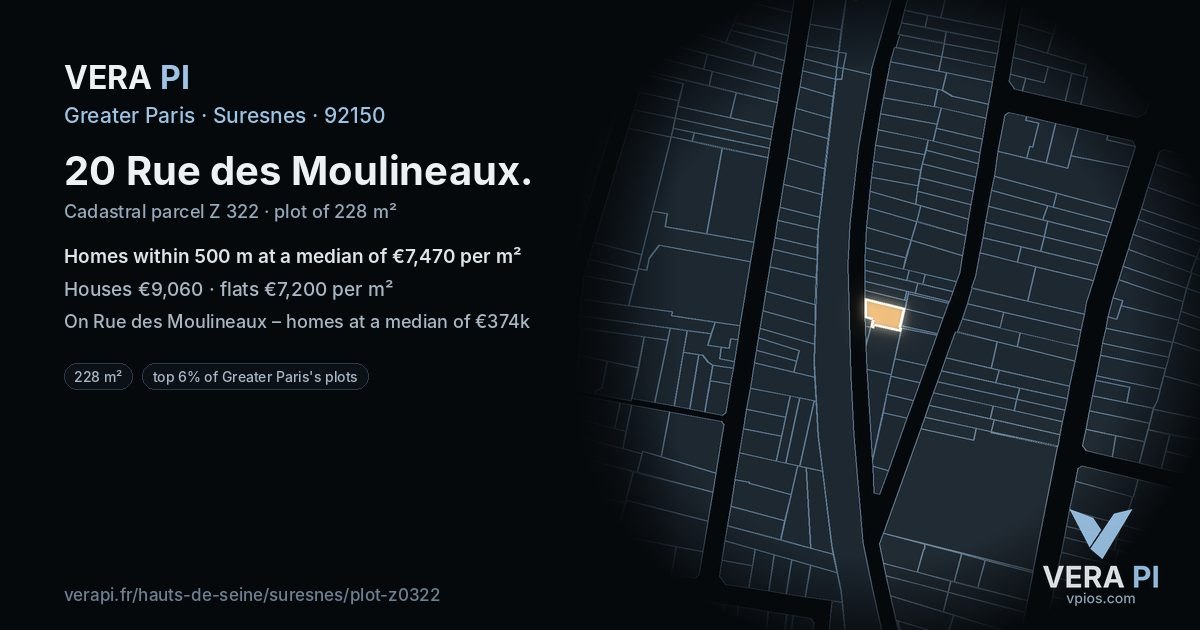 20 Rue des Moulineaux, Suresnes at night – the plot lit, the parcels around coloured by the prices near them