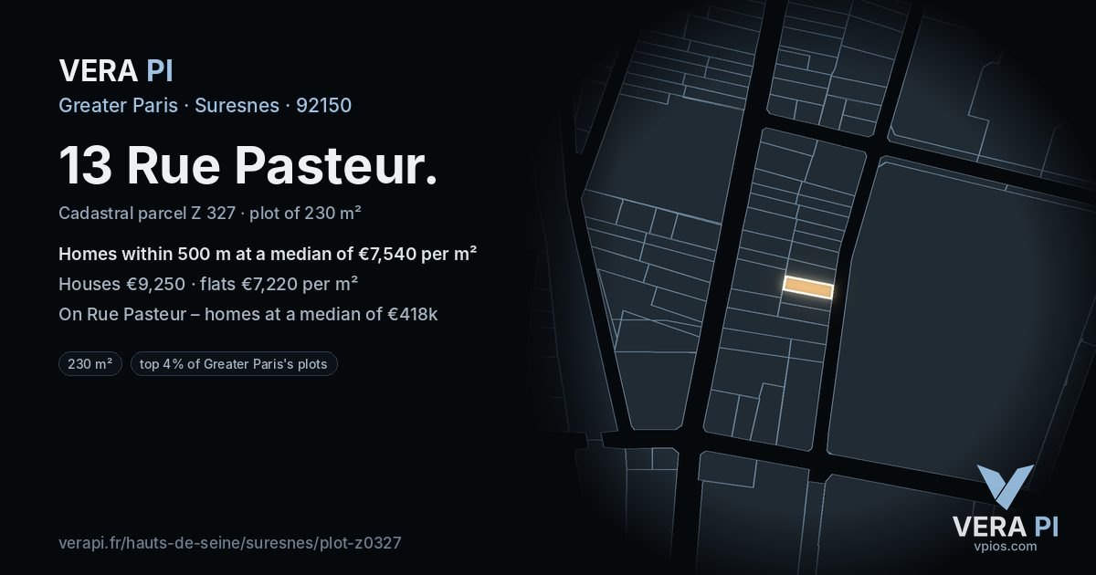 13 Rue Pasteur, Suresnes at night – the plot lit, the parcels around coloured by the prices near them