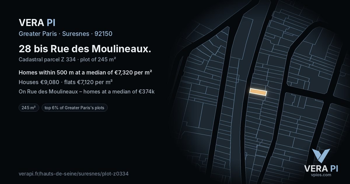 28 bis Rue des Moulineaux, Suresnes at night – the plot lit, the parcels around coloured by the prices near them