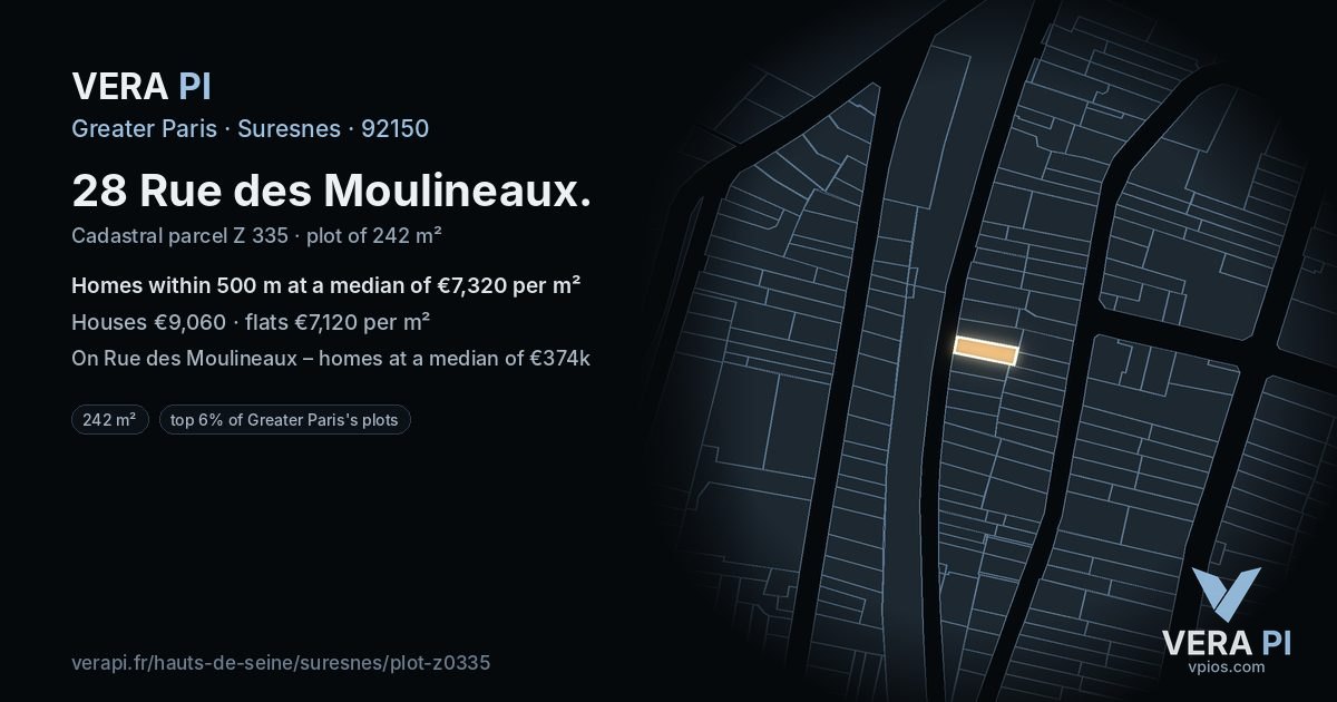 28 Rue des Moulineaux, Suresnes at night – the plot lit, the parcels around coloured by the prices near them