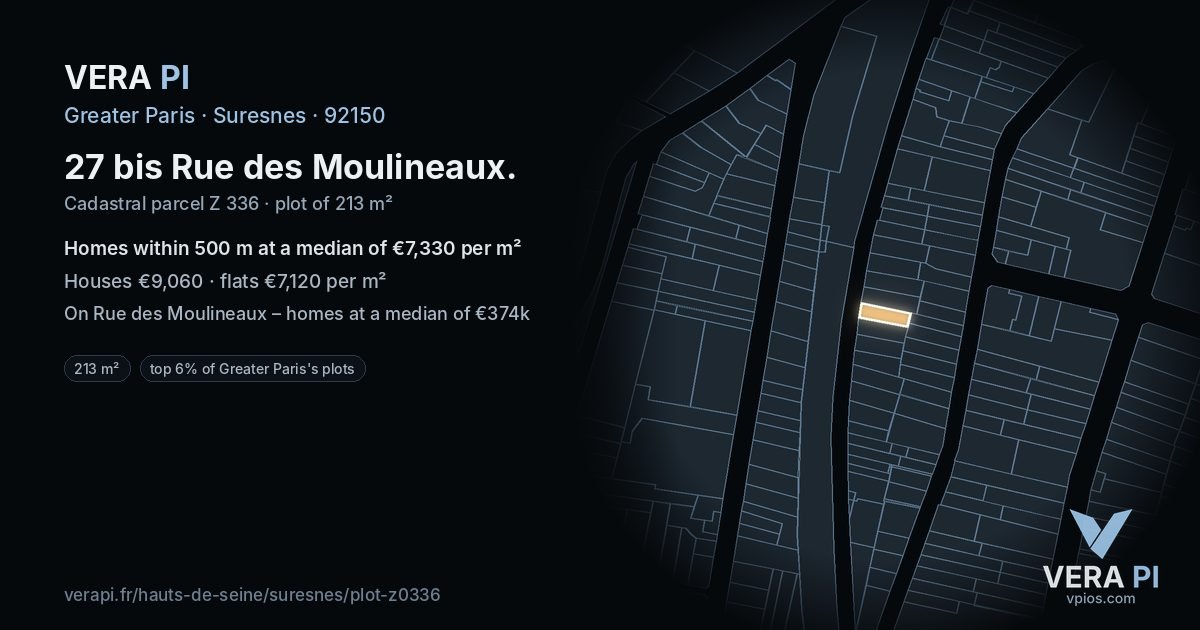 27 bis Rue des Moulineaux, Suresnes at night – the plot lit, the parcels around coloured by the prices near them