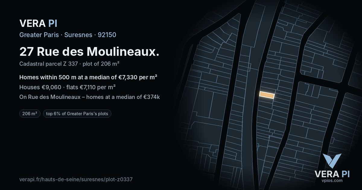 27 Rue des Moulineaux, Suresnes at night – the plot lit, the parcels around coloured by the prices near them