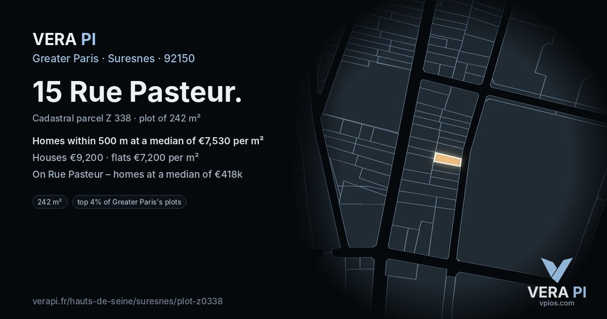 15 Rue Pasteur, Suresnes at night – the plot lit, the parcels around coloured by the prices near them