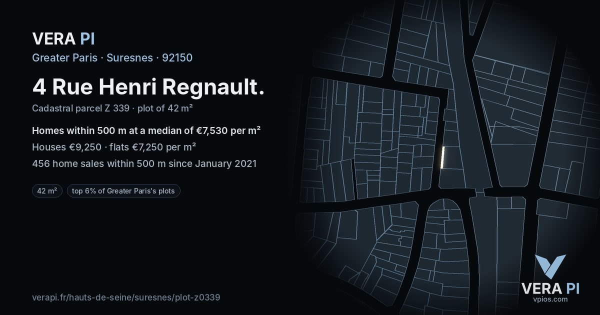4 Rue Henri Regnault, Suresnes at night – the plot lit, the parcels around coloured by the prices near them