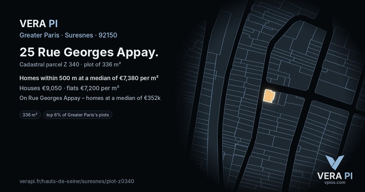 25 Rue Georges Appay, Suresnes at night – the plot lit, the parcels around coloured by the prices near them