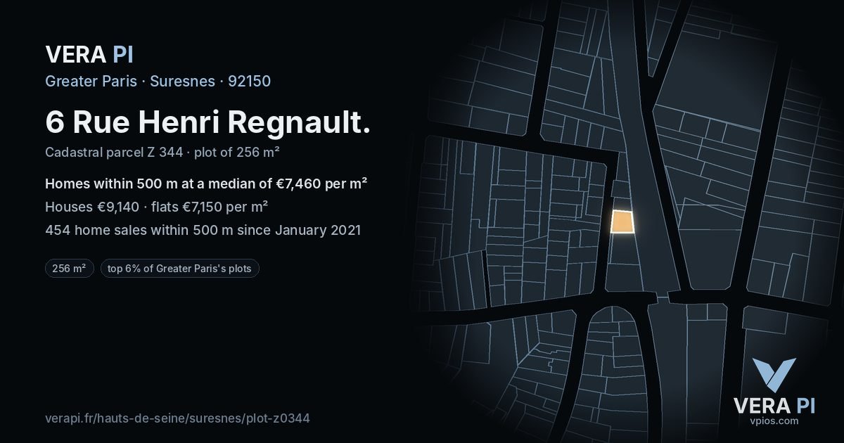6 Rue Henri Regnault, Suresnes at night – the plot lit, the parcels around coloured by the prices near them
