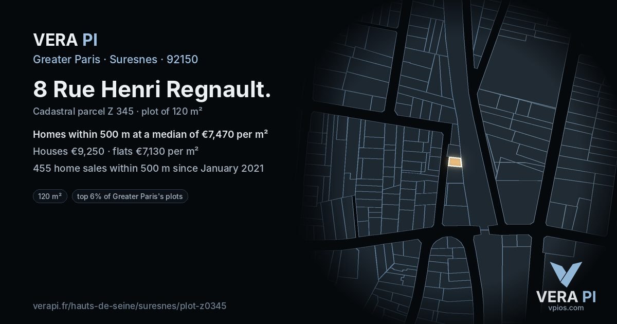 8 Rue Henri Regnault, Suresnes at night – the plot lit, the parcels around coloured by the prices near them