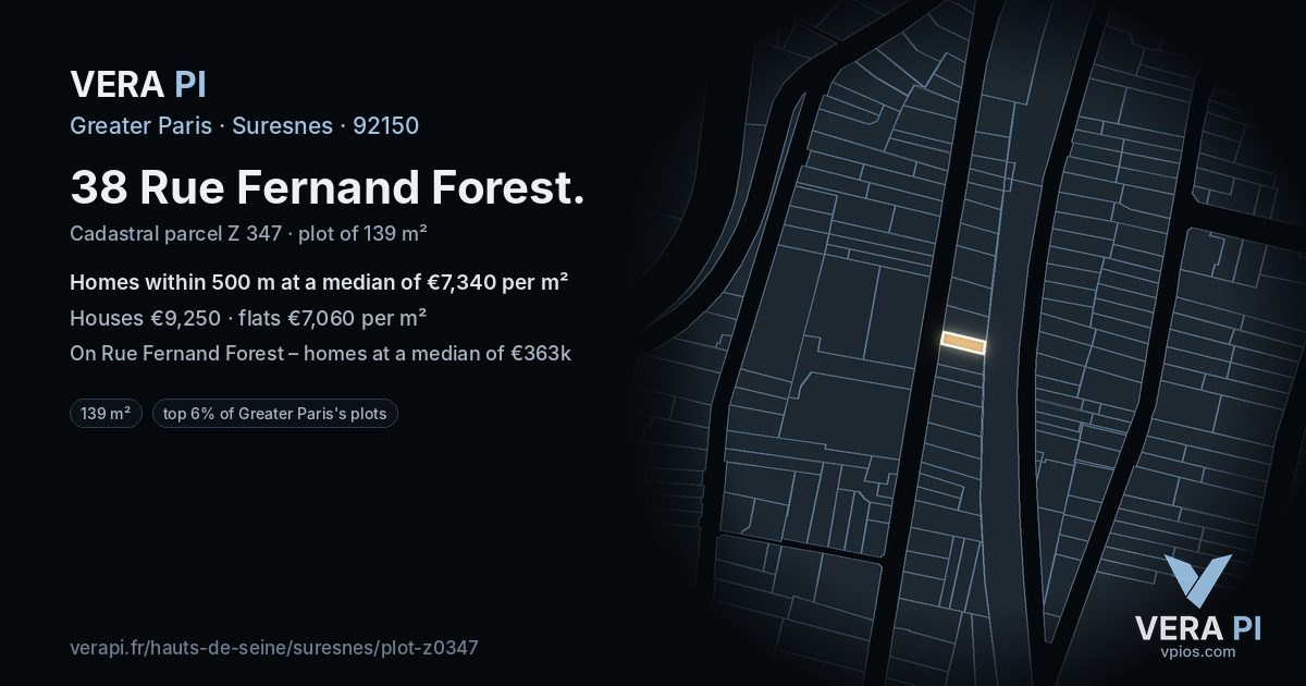 38 Rue Fernand Forest, Suresnes at night – the plot lit, the parcels around coloured by the prices near them