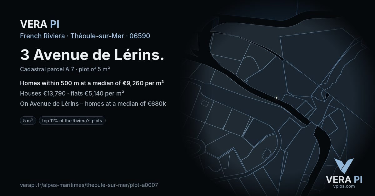 3 Avenue de Lérins, Théoule-sur-Mer at night – the plot lit, the parcels around coloured by the prices near them