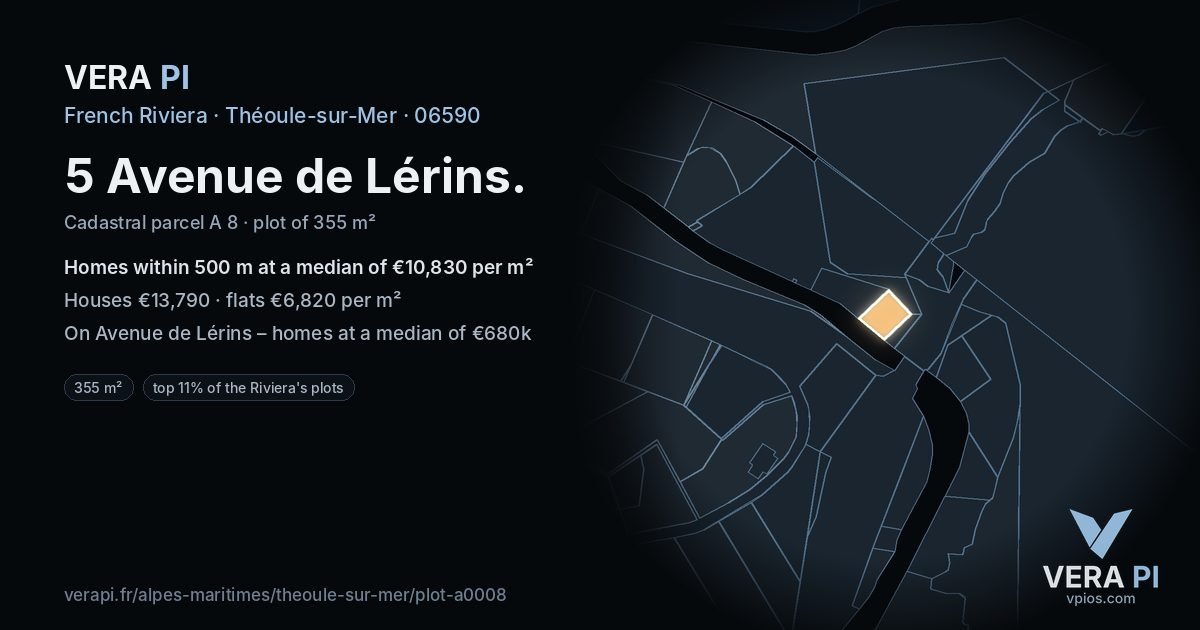 5 Avenue de Lérins, Théoule-sur-Mer at night – the plot lit, the parcels around coloured by the prices near them