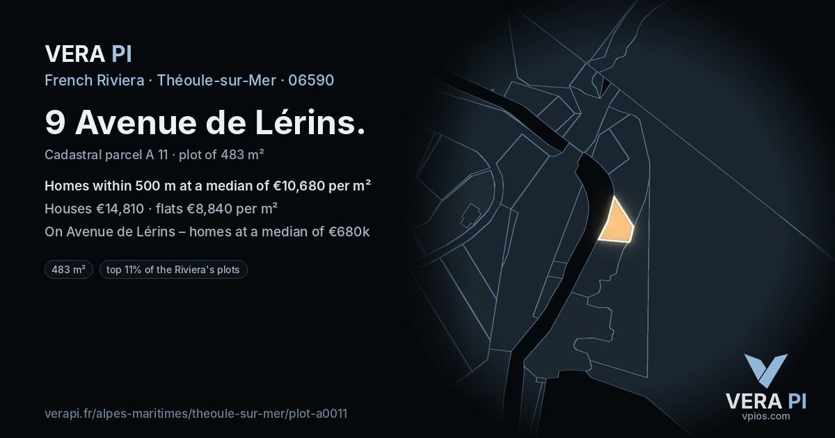 9 Avenue de Lérins, Théoule-sur-Mer at night – the plot lit, the parcels around coloured by the prices near them
